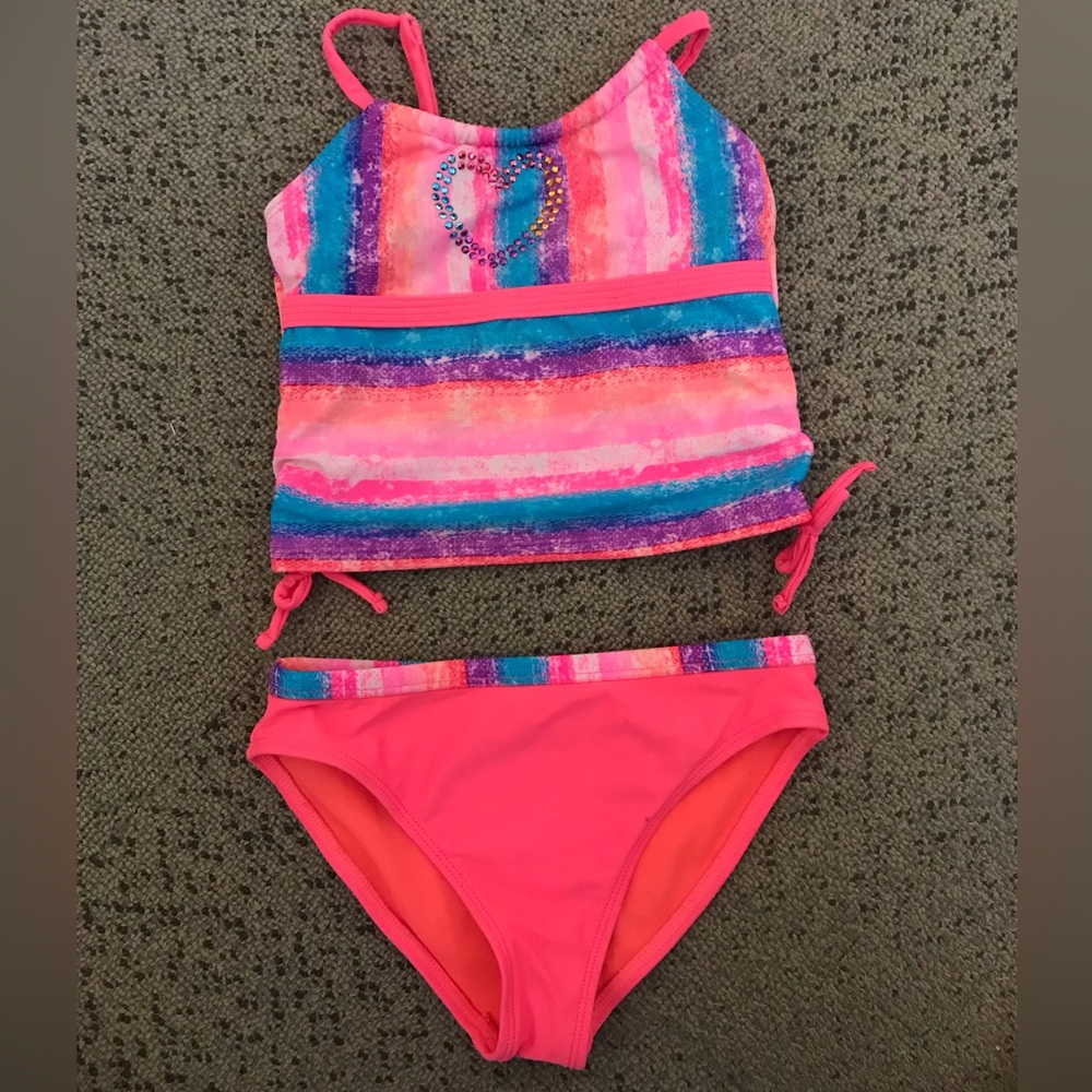 Girls' Pink Multicolor Tankini Set - Kids Swim